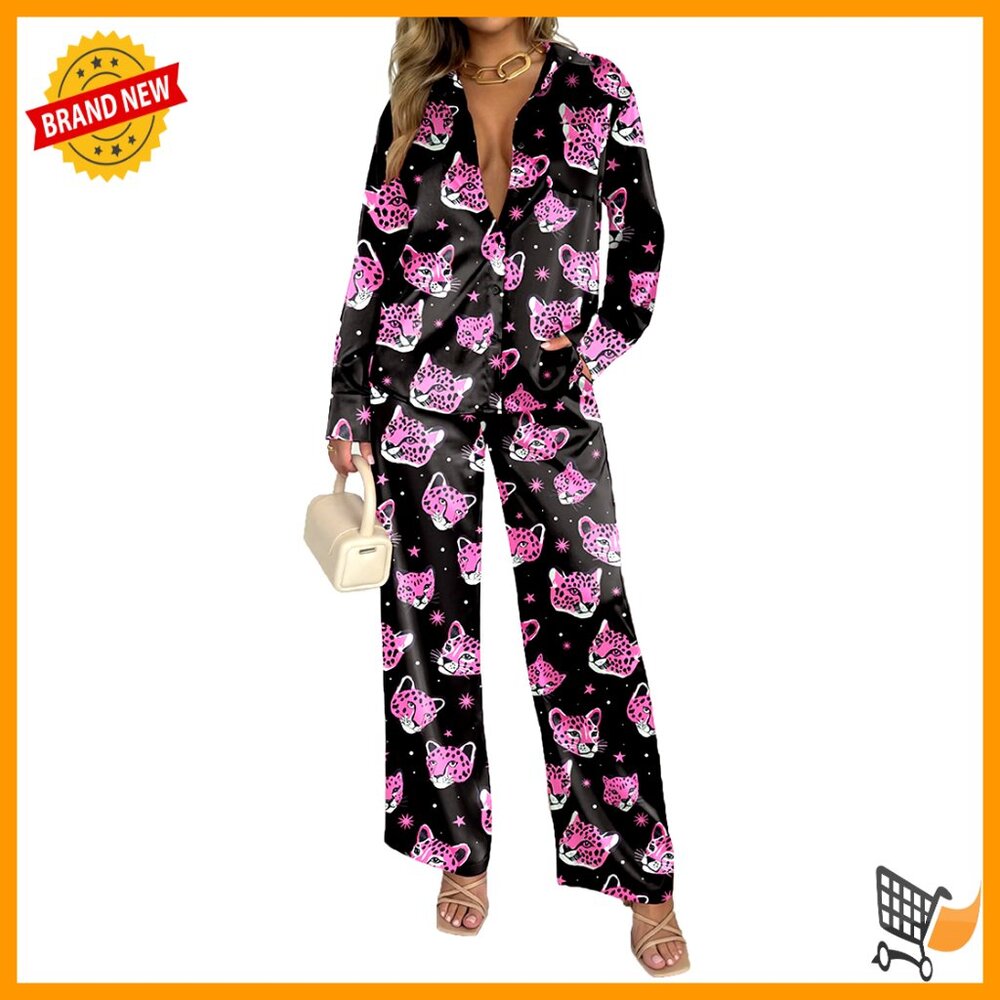 Satin Lounge Set Oversized Animal Print Button Down Top Loose Pants Pockets